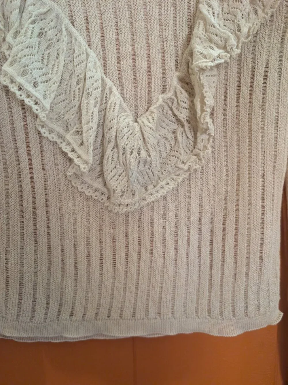 ANTHROPOLOGIE Ivory Sheer Knit Ruffle Blouse S Victorian Romantic Poet Sleeve
